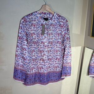 NWT J. Crew purple pink red white metallic stripe block print floral tunic sz XS